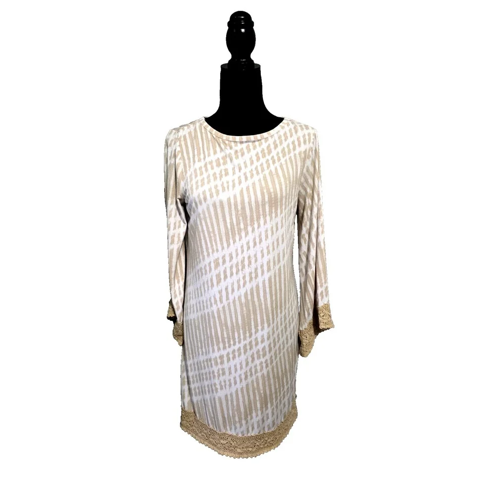 Michael Kors Womens Midi Sheeth 3/4 Sleeves Tan Embroidered‎ Dress  Size M